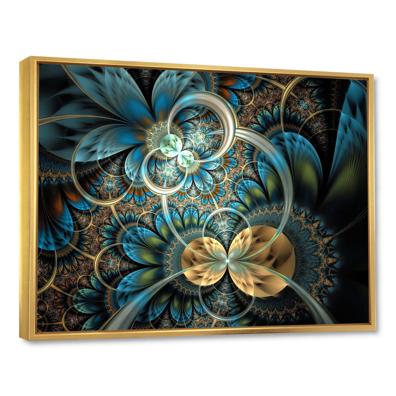 Designart - Symmetrical Blue Gold Fractal Flower - Abstract Print On Framed Canvas